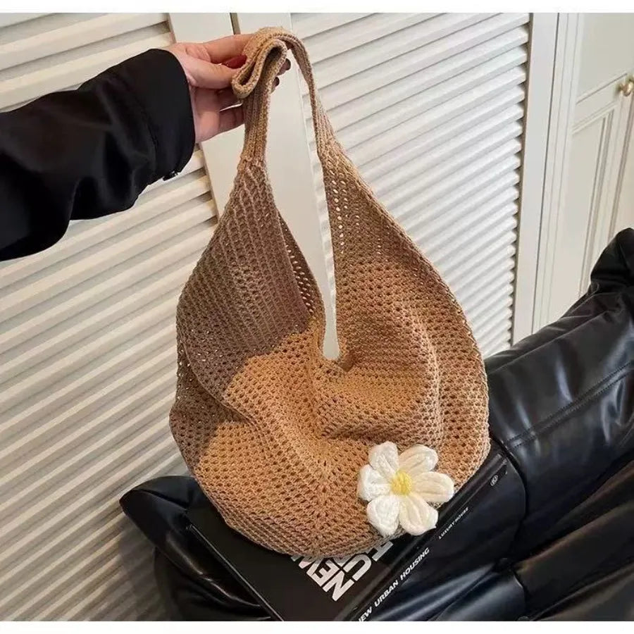 Open Knit Tote Shoulder Bag with Large Capacity Casual Design