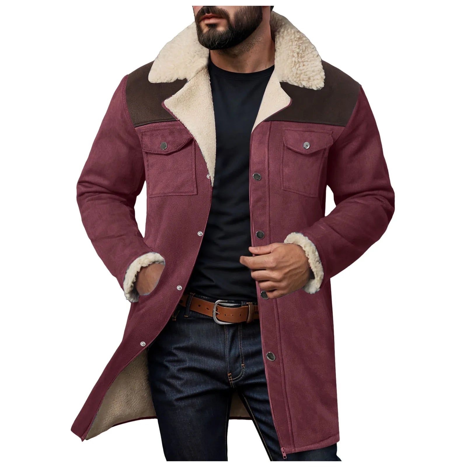 Men's Mid-Length Faux Suede Sherpa Collar Jacket with Utility Pockets for Vintage Streetwear Style
