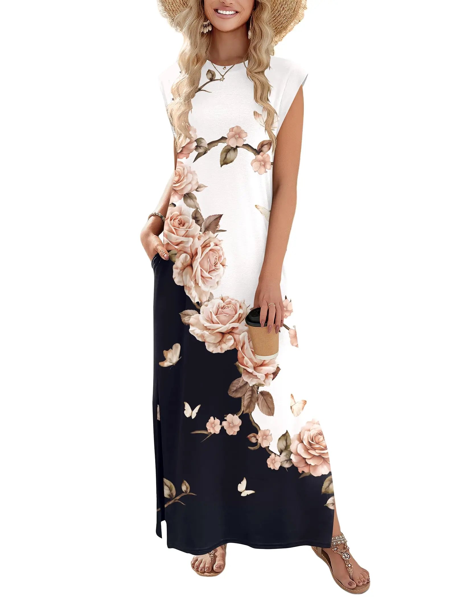 Loose Fit Sleeveless Floral Maxi Dress with Pockets for Casual Styling