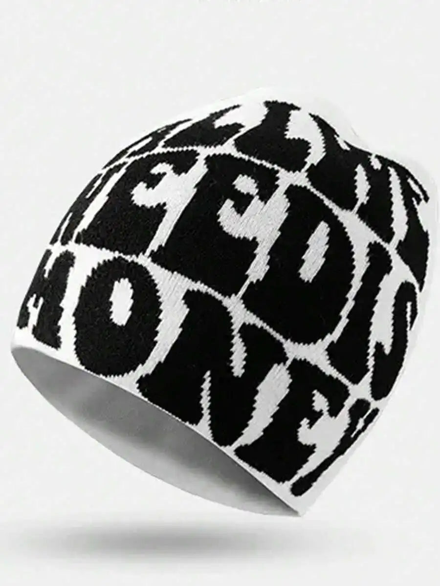 Typography Graphic Acrylic Knit Beanie for Contemporary Streetwear Winter Casual Everyday Fashion Style