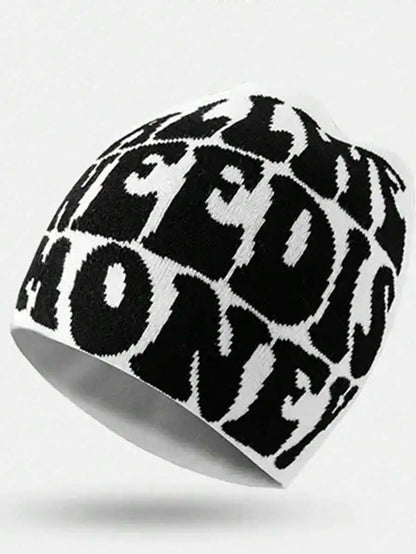 Typography Graphic Acrylic Knit Beanie for Contemporary Streetwear Winter Casual Everyday Fashion Style