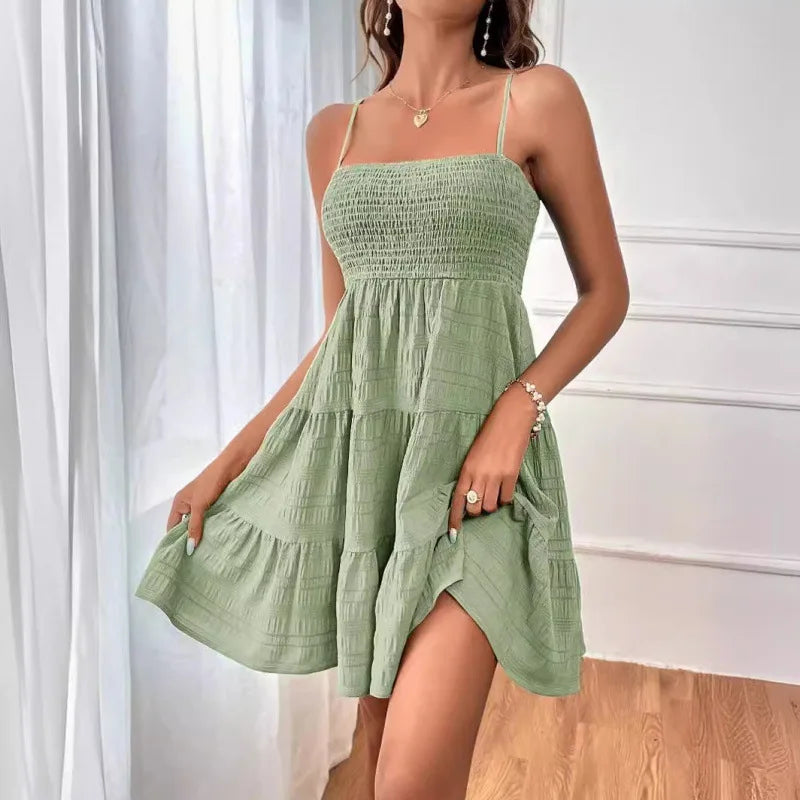 Smocked Bustier Mini Dress with Tiered Hem and Spaghetti Strap Design