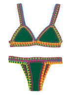 Deep Emerald Green Crochet Bikini Set with Multi-Color Woven Edging