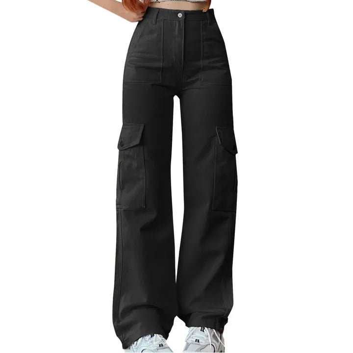 Women's Wide Leg Cargo Pants with Utility Pockets for Casual Streetwear Fashion
