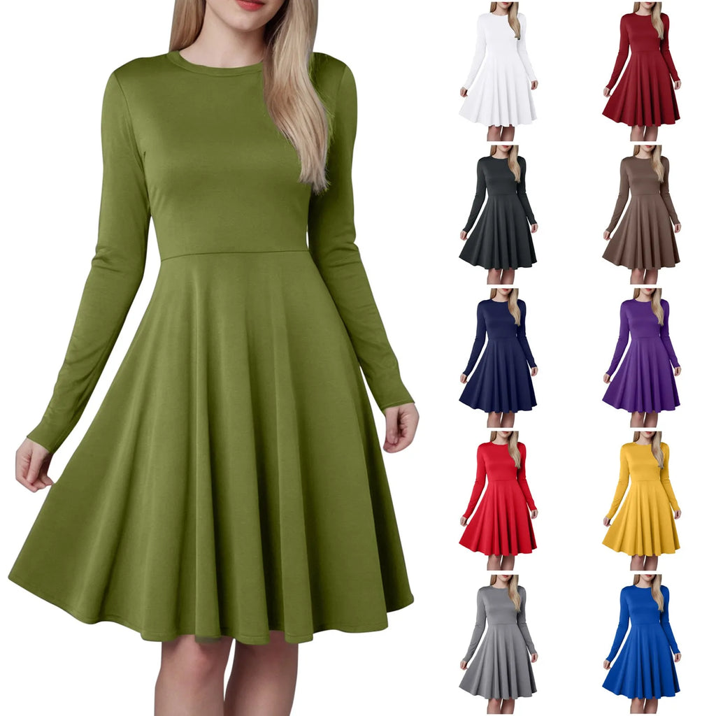 Elegant Solid Color Long-Sleeve A-Line Dress with High Waistline