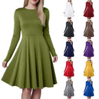 Elegant Solid Color Long-Sleeve A-Line Dress with High Waistline