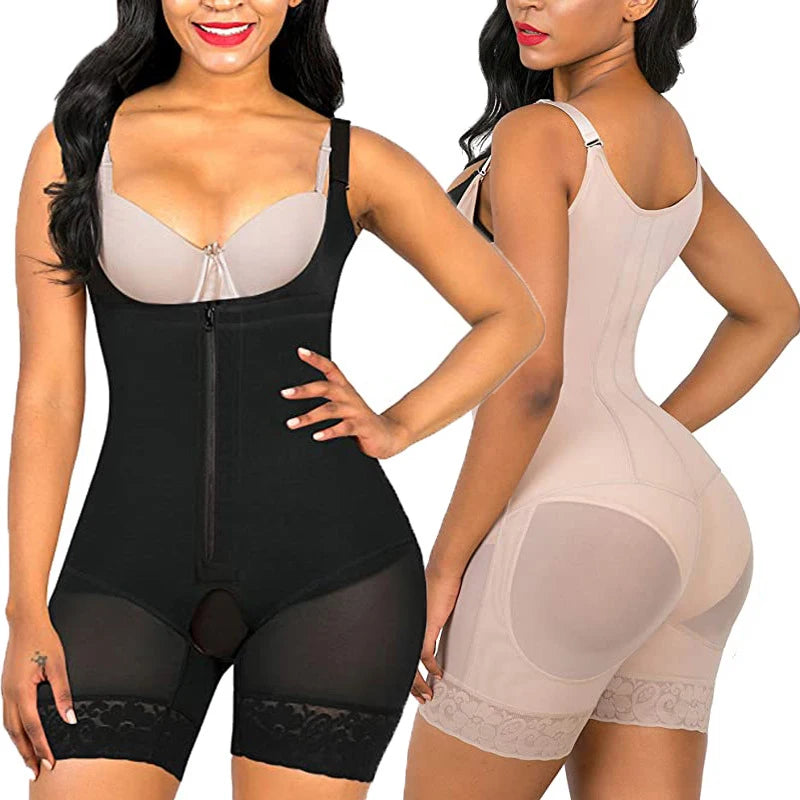 Seamless Open-Bust Mid-Thigh Shaping Bodysuit with Sheer Lace Accents