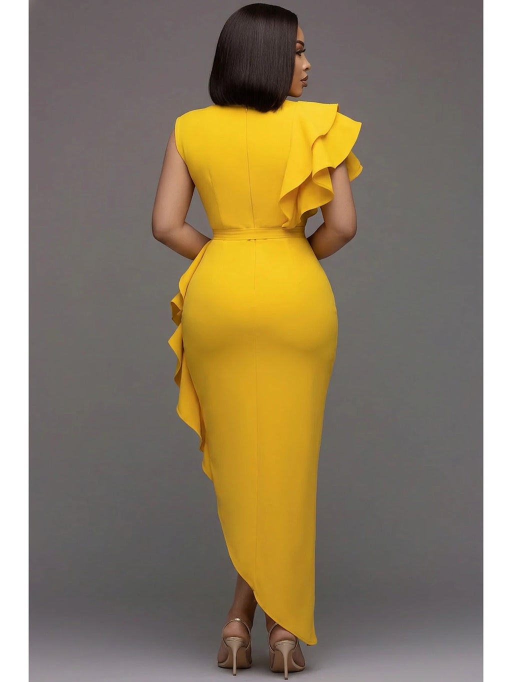 Striking Asymmetrical Ruffle Bodycon Dress with Side Split Detail