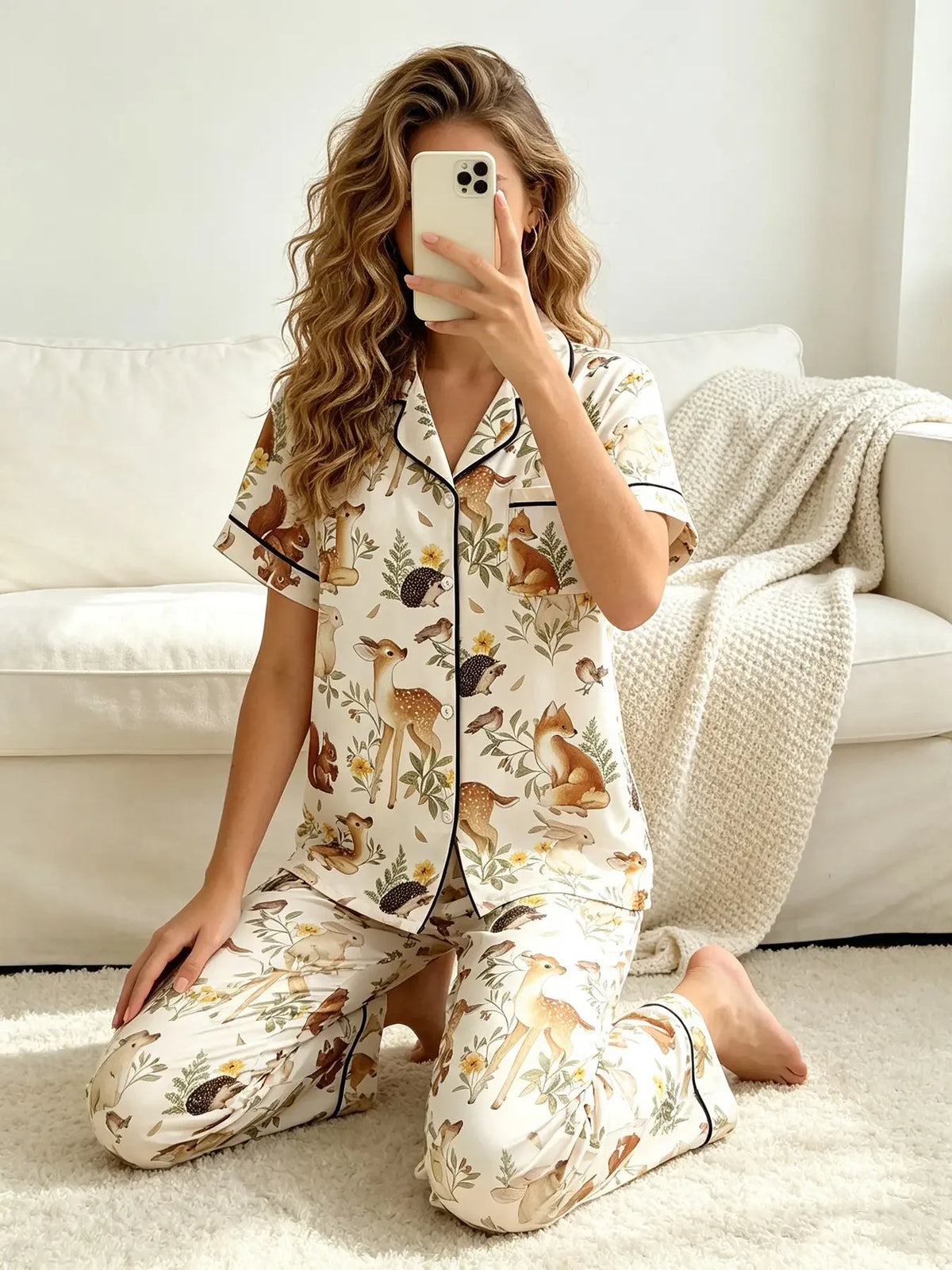 Bee and Sunflower Print Pajama Set with Short-Sleeve Button-Down Shirt, Lapel Collar and Matching Long Pants