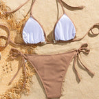 Ribbed Earthy Brown Triangle Bikini with Seashell and Lace Trim