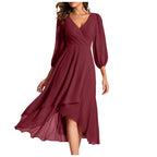 Long Sleeve Wrap Midi Dress with Ruffle Hem and Flowing Chiffon Layers