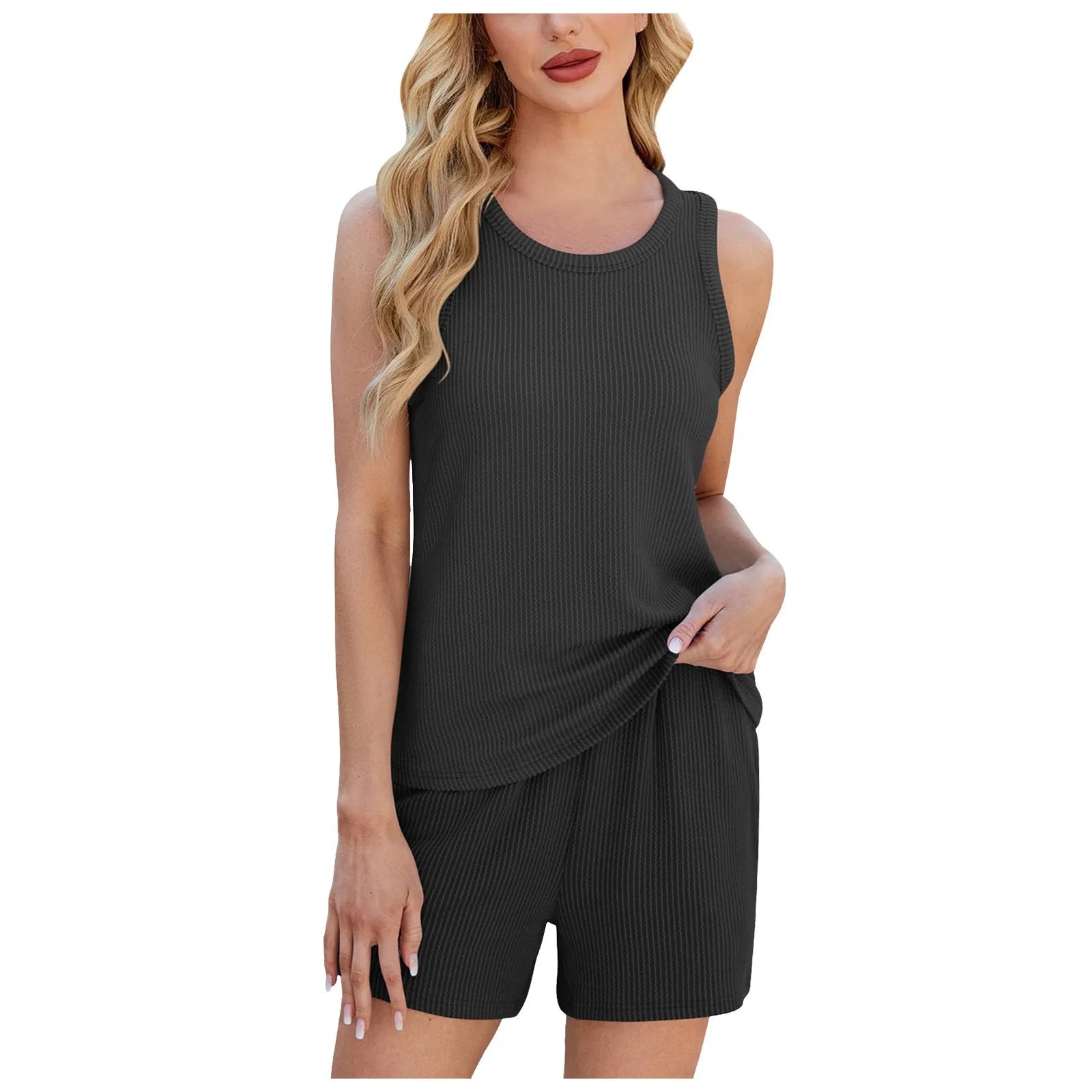 Ribbed Sleeveless Top and Drawstring Shorts Casual Co-Ord Set