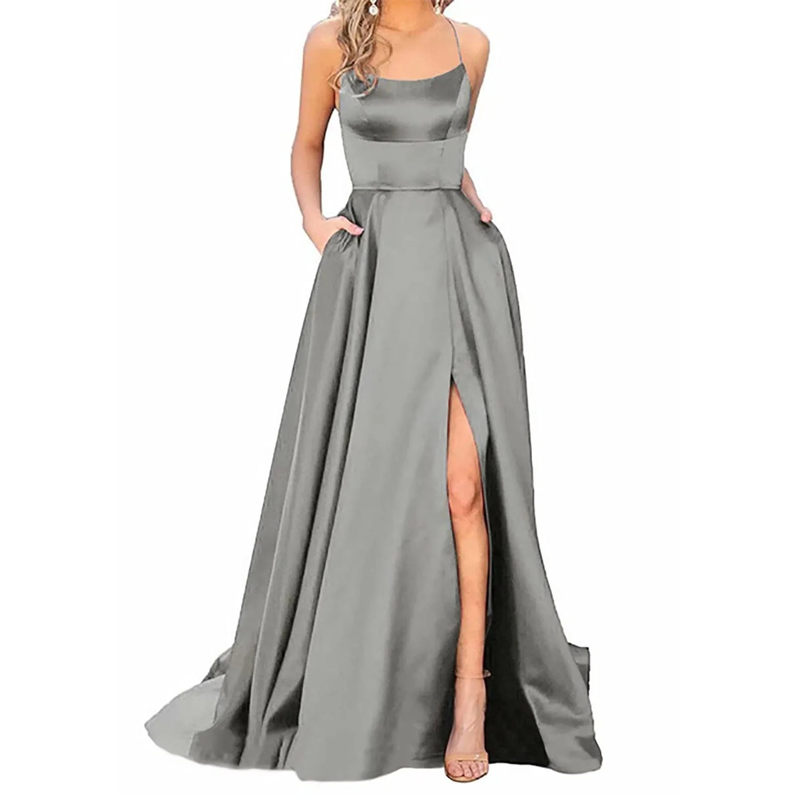 Spaghetti Strap Maxi Dress with Open Back Design and Side Slit Detail