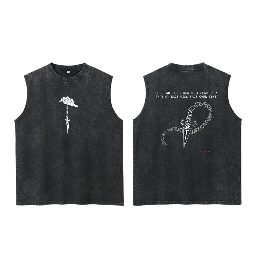Manga-Inspired Gothic Streetwear Sleeveless Cotton Tank Top with Dark Symbolic Graphic Artwork