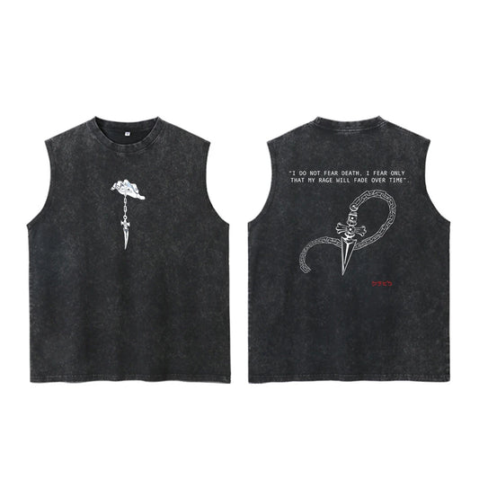 Manga-Inspired Gothic Streetwear Sleeveless Cotton Tank Top with Dark Symbolic Graphic Artwork