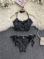 Y2K-Inspired Frayed Denim Halter Bikini Top and Lace-Up Short Set