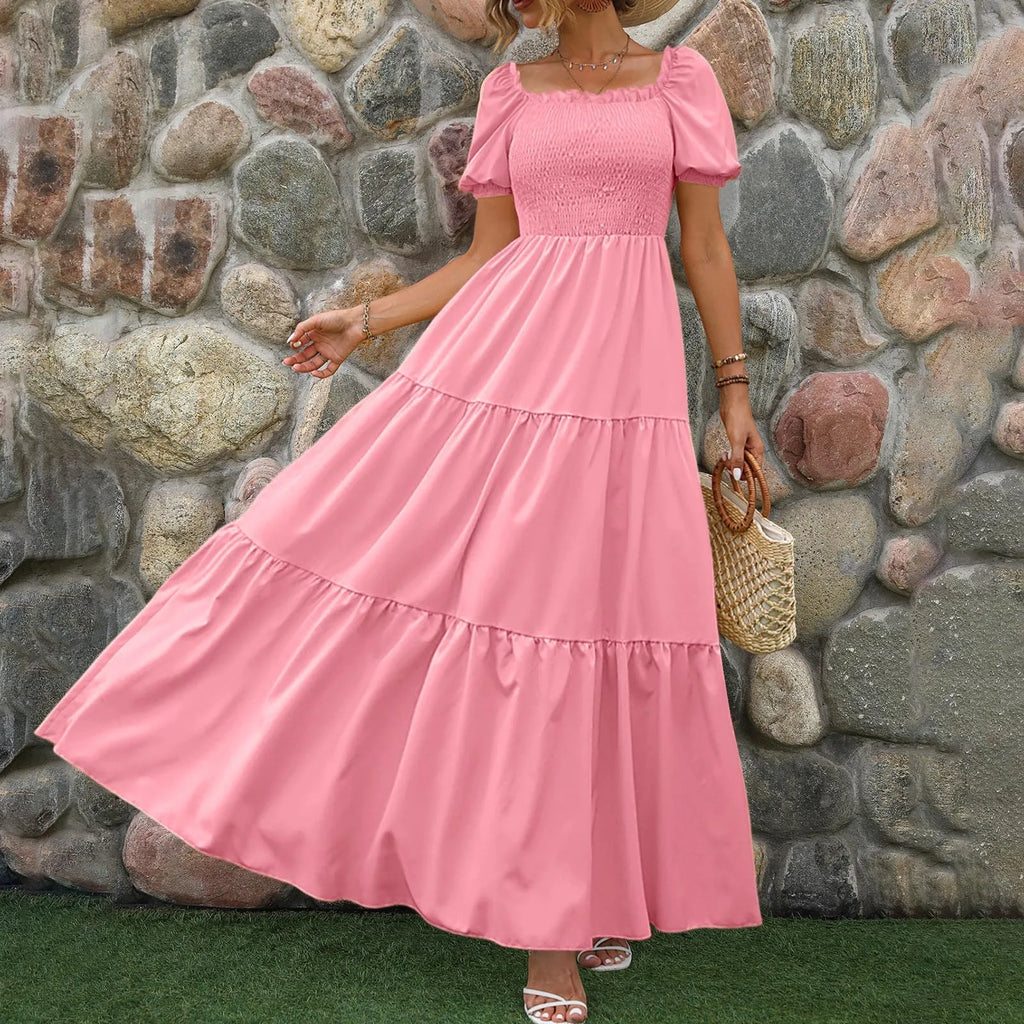 Tiered A-Line Maxi Dress with Smocked Bodice and Puff Sleeves