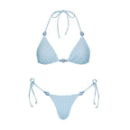 Light Blue Gingham Three-Piece Triangle Bikini Set with Pearl Embellishments