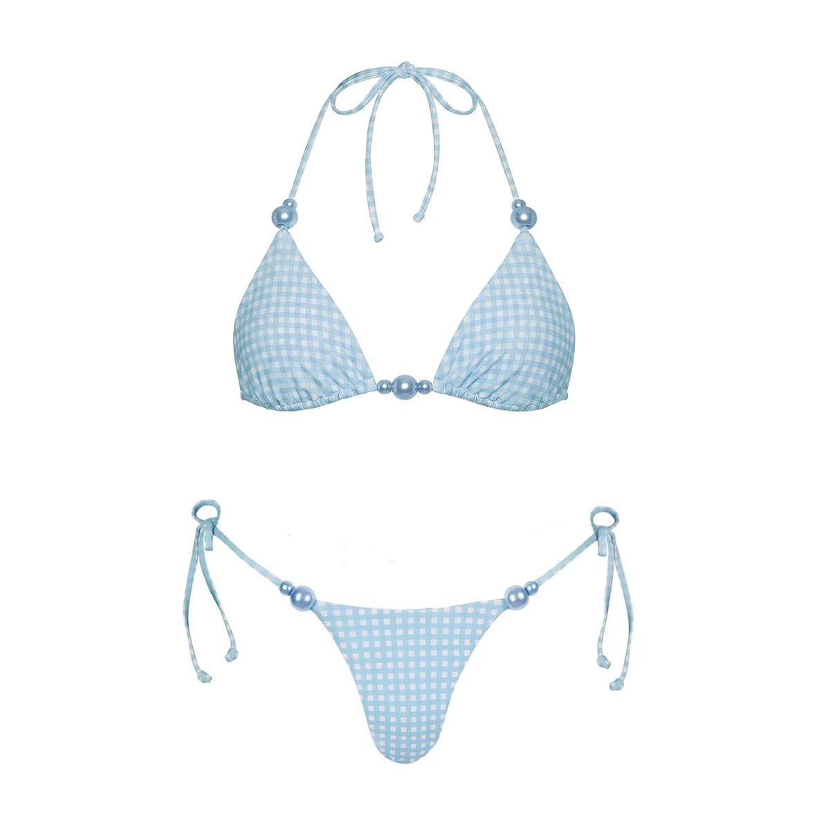Light Blue Gingham Three-Piece Triangle Bikini Set with Pearl Embellishments