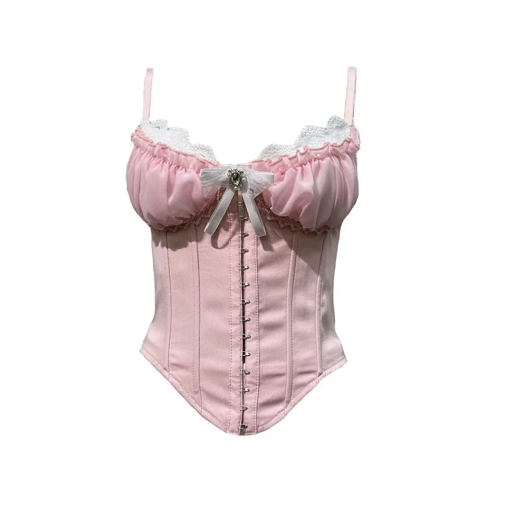 Vintage-Inspired Black Overbust Corset with White Ruffled Lace Trim