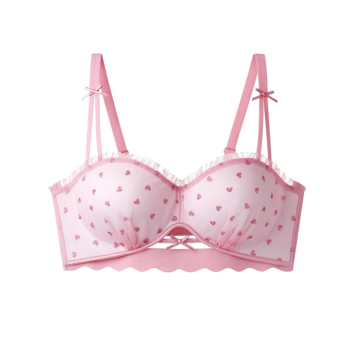 Sweet Polka Dot Demi Bra with Scalloped Edging and Contrast Strap Panty Set