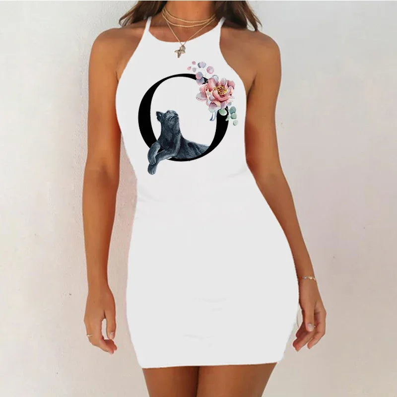 White Sleeveless Mini Nightgown with Bold Black Letter and Graphic Print, Slim Silhouette and Above-Knee Length
