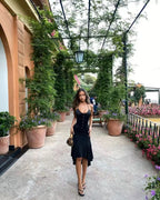 Sleek Black Satin V-Neck Corset Camisole with Slender Halter Straps