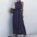 Halter Neck Polka Dot Maxi Dress with Sleeveless A-Line Silhouette
