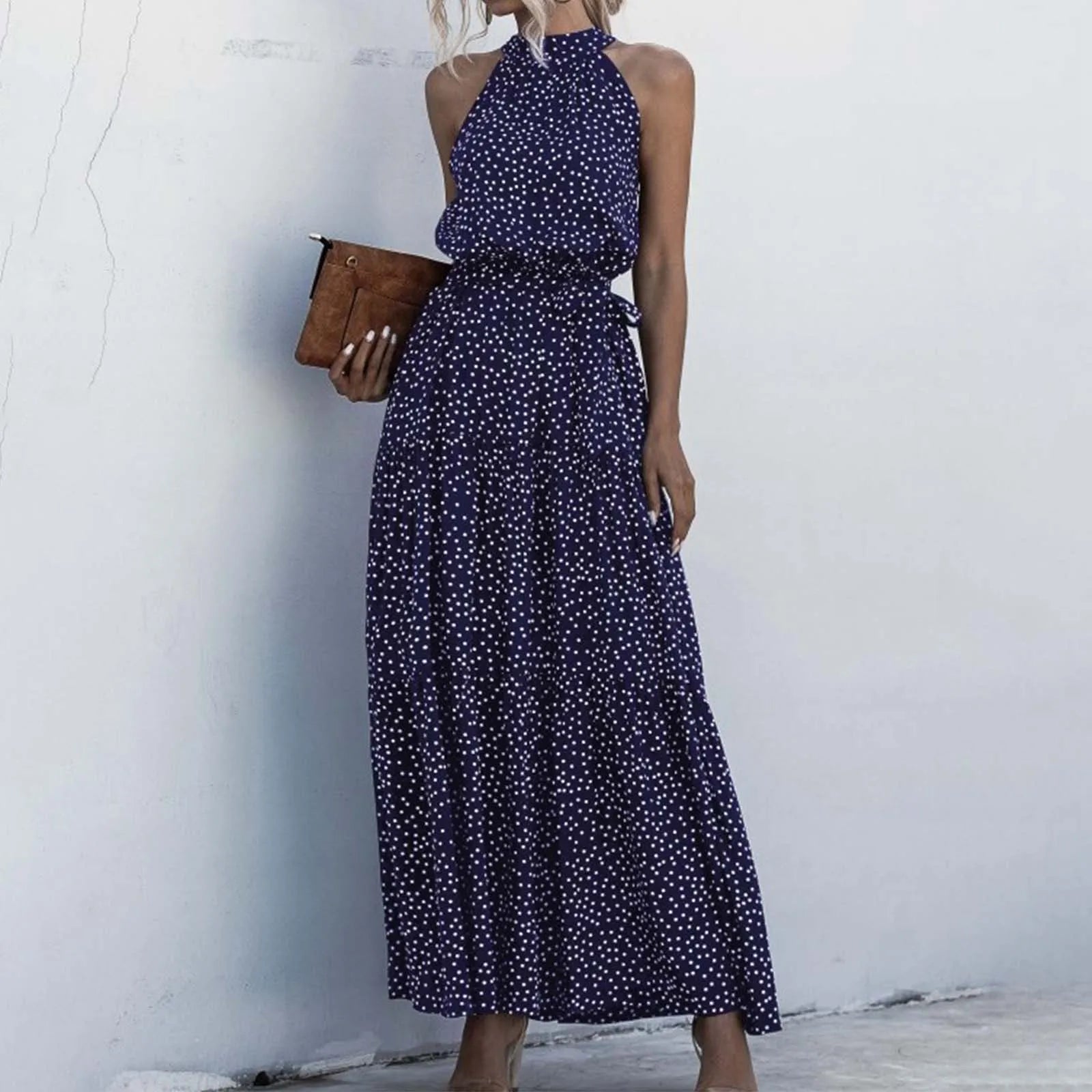 Halter Neck Polka Dot Maxi Dress with Sleeveless A-Line Silhouette