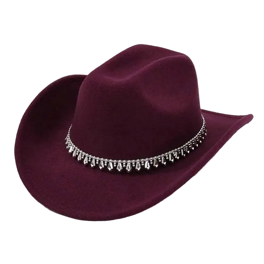 Women's Felt Western Cowboy Hat with Decorative Chain Detail for Casual Statement Style