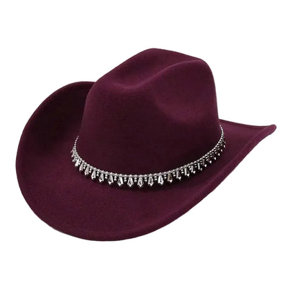 Women's Felt Western Cowboy Hat with Decorative Chain Detail for Casual Statement Style