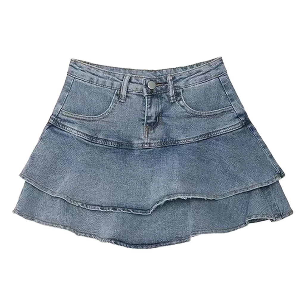 Layered Ruffle Denim Look Mini Skirt with Tiered Streetwear Silhouette