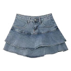 Layered Ruffle Denim Look Mini Skirt with Tiered Streetwear Silhouette