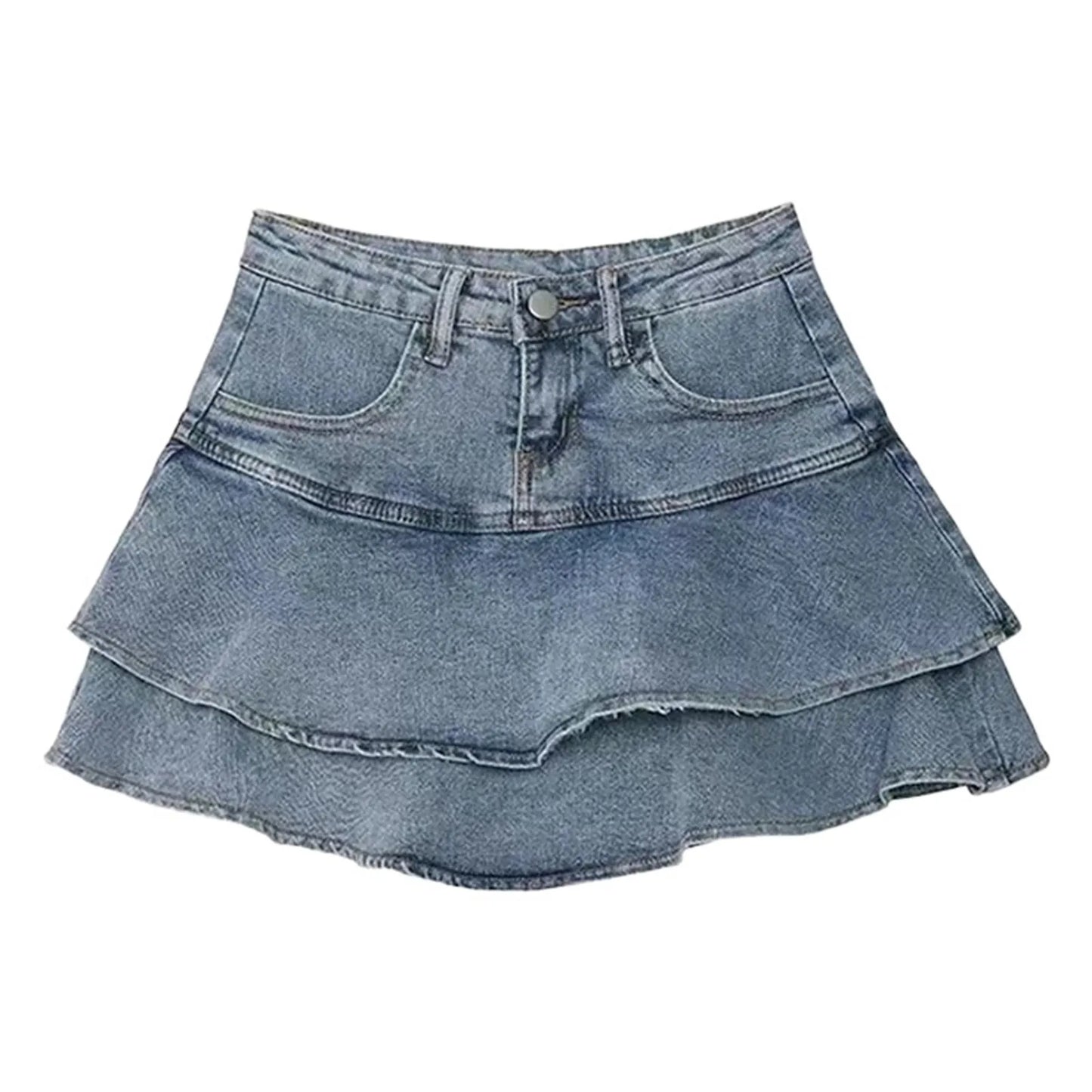 Layered Ruffle Denim Look Mini Skirt with Tiered Streetwear Silhouette