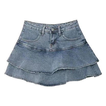 Layered Ruffle Denim Look Mini Skirt with Tiered Streetwear Silhouette