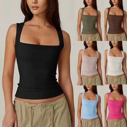 Women's Square Neck Double Layer Fitted Tank Top for Minimalist Everyday Streetwear Summer Style