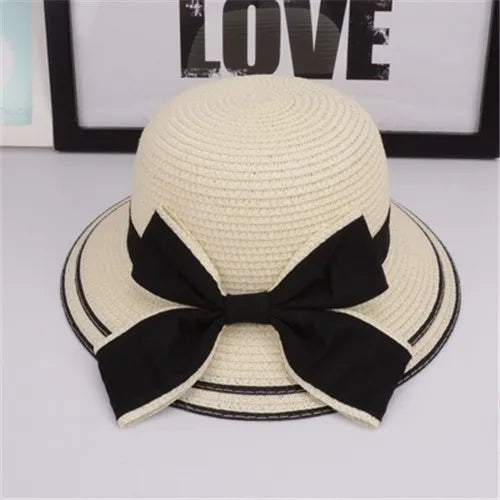 Women's Woven Straw Bucket Sun Hat with Decorative Bow for Casual Summer Outdoor Style