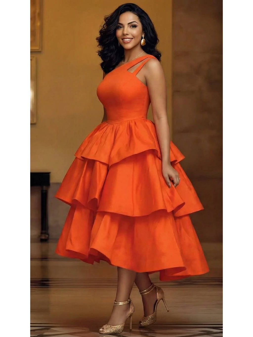 Vibrant Orange One-Shoulder Tiered Ruffle Midi Dress with Cutout Detailing