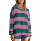 Women's Relaxed Striped Knit Pullover with Long Sleeves for Casual Everyday Streetwear Style