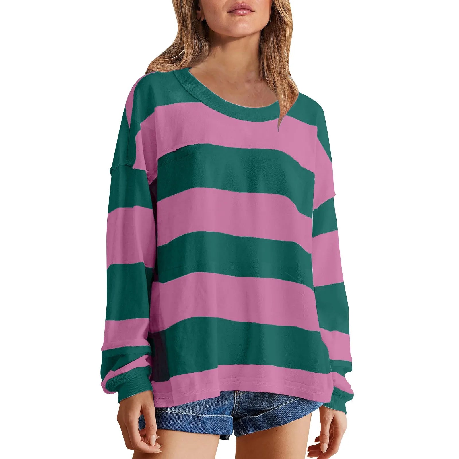 Women's Relaxed Striped Knit Pullover with Long Sleeves for Casual Everyday Streetwear Style