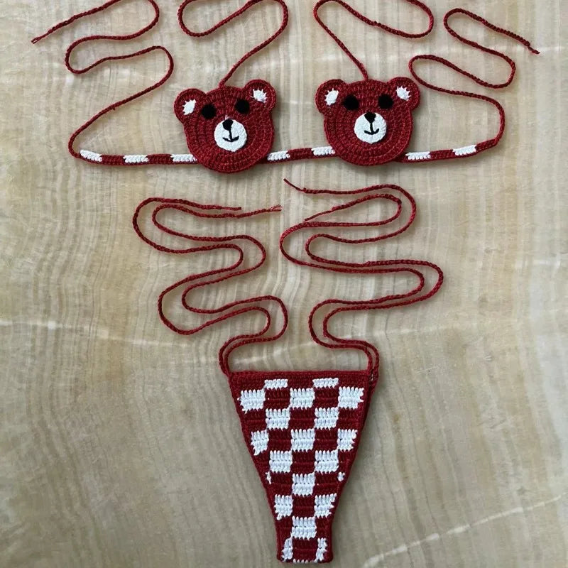Red and White Crochet Micro Bikini with Bear Motif and Checkered Bottom