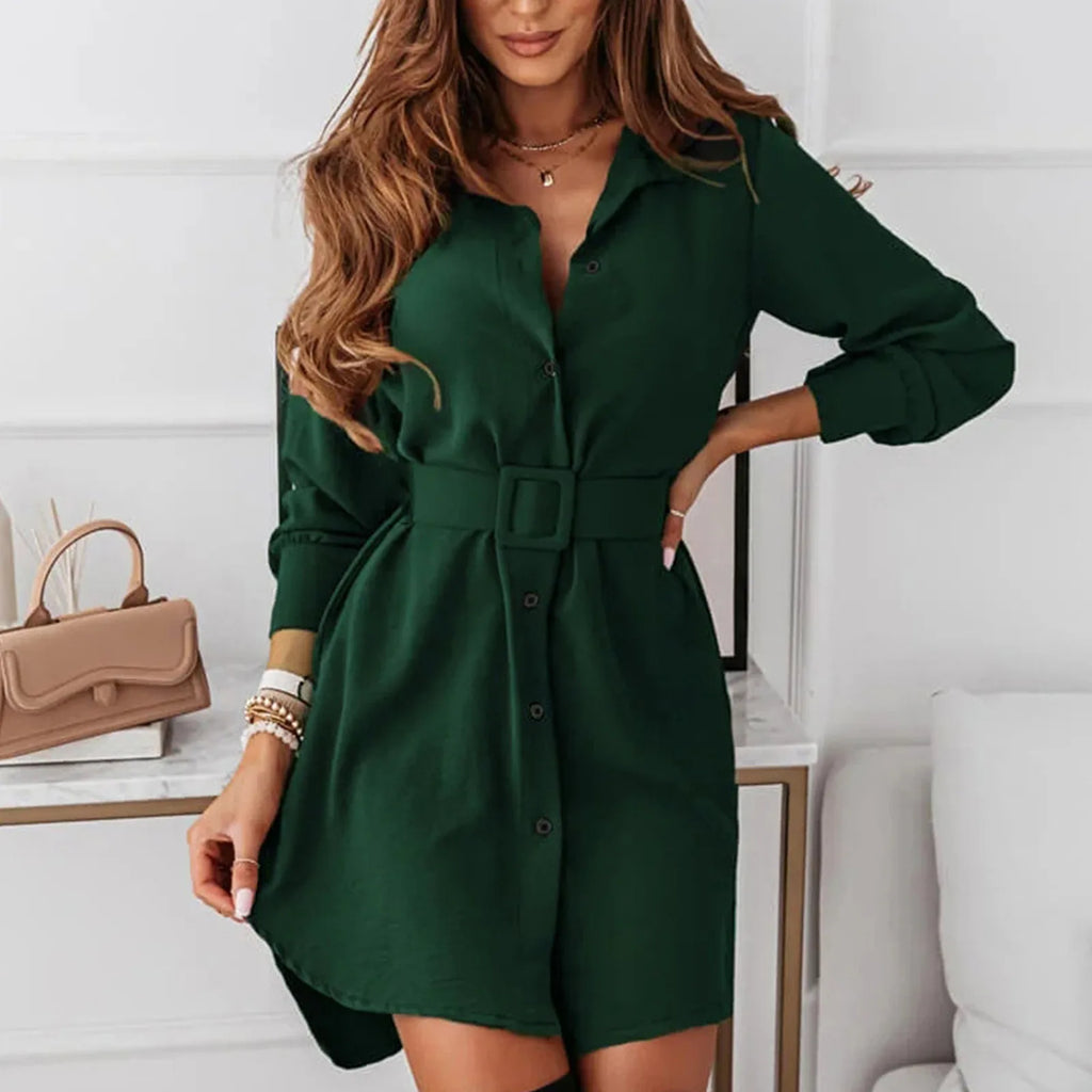 Long Sleeve Belted Shirt Mini Dress With Tailored Relaxed Fit Silhouette