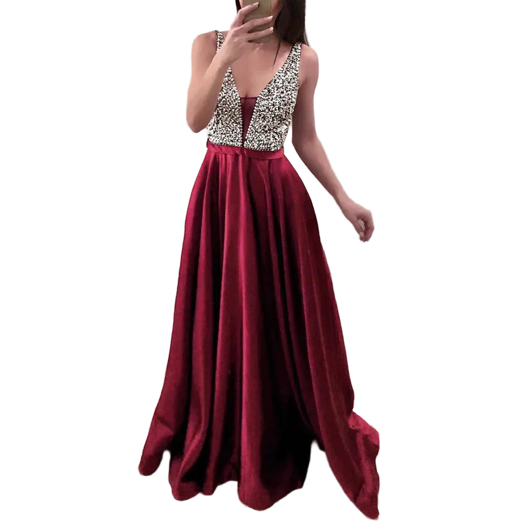 Deep V Maxi Dress With Textured Bodice And Flowing Skirt