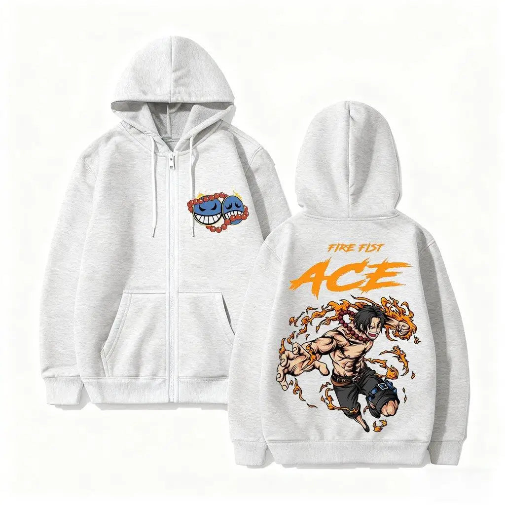 Anime-Inspired Flame Warrior Zip Hoodie with Manga Streetwear Graphic Design