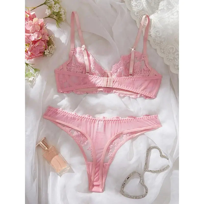 Delicate Pink Floral Embroidery Underwire Bra and Panty Lingerie Set