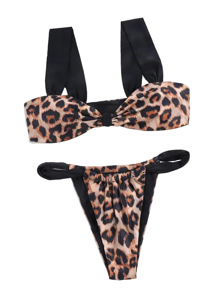 Leopard Print and Black Contrast Block Bikini Set with Wide Straps