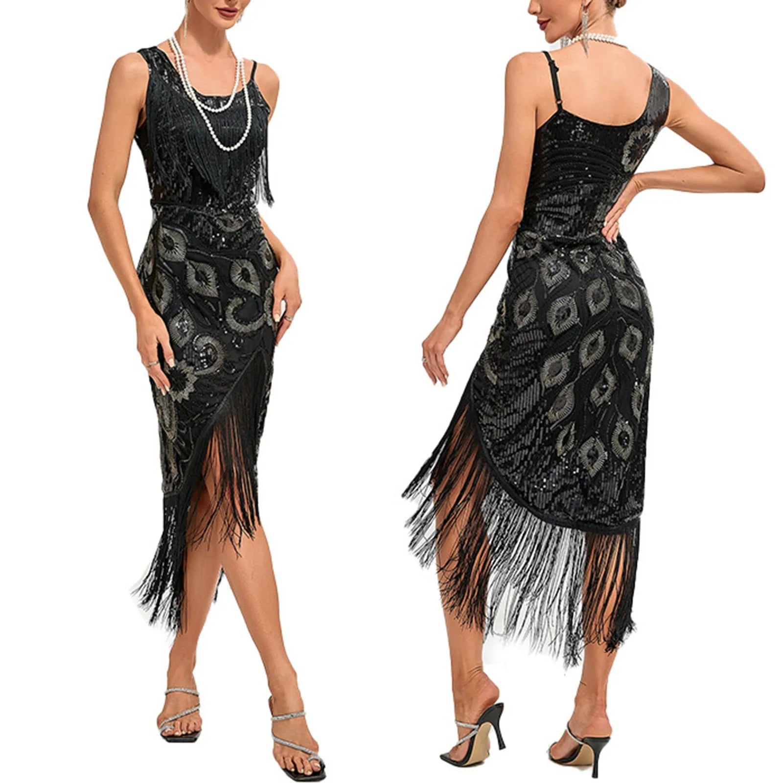 Embellished Fringe Midi Dress With Sculpted Sleeveless Silhouette