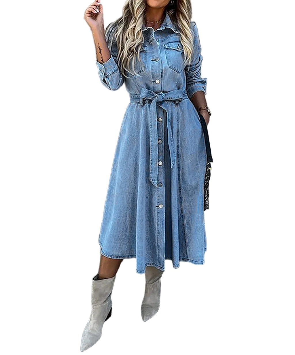 Button Front Denim Midi Dress with Belted Waist and Long Sleeves