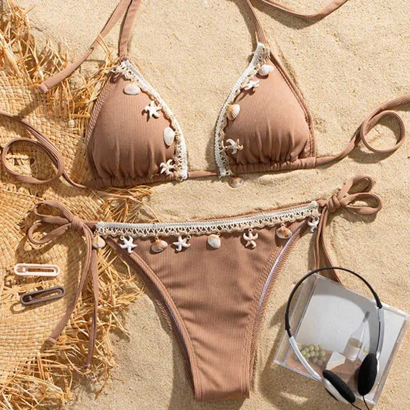 Ribbed Earthy Brown Triangle Bikini with Seashell and Lace Trim