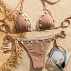 Ribbed Earthy Brown Triangle Bikini with Seashell and Lace Trim